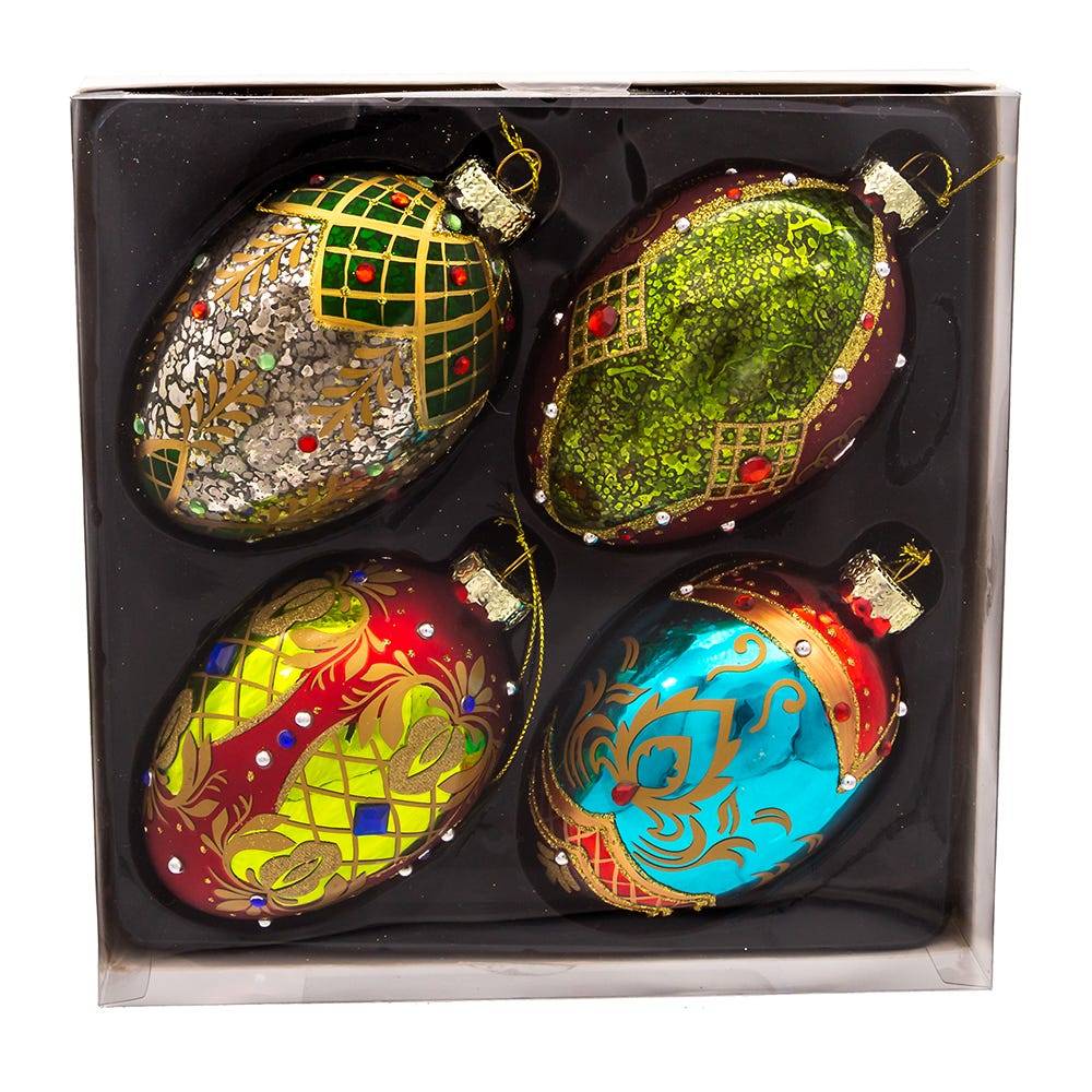 Kurt Adler 65MM Glass Egg Ornaments, 4 Piece Set