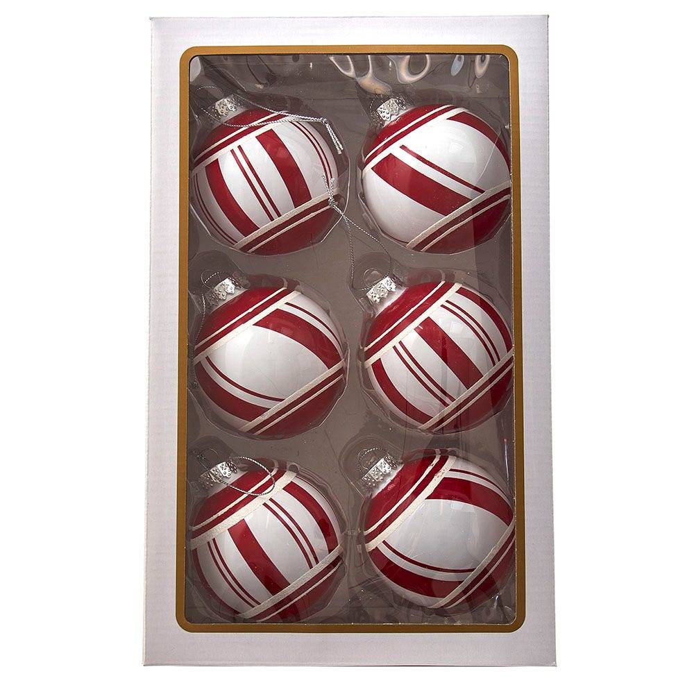 Kurt Adler 80MM Red and White Glass Ball Ornaments, 6 Piece Set