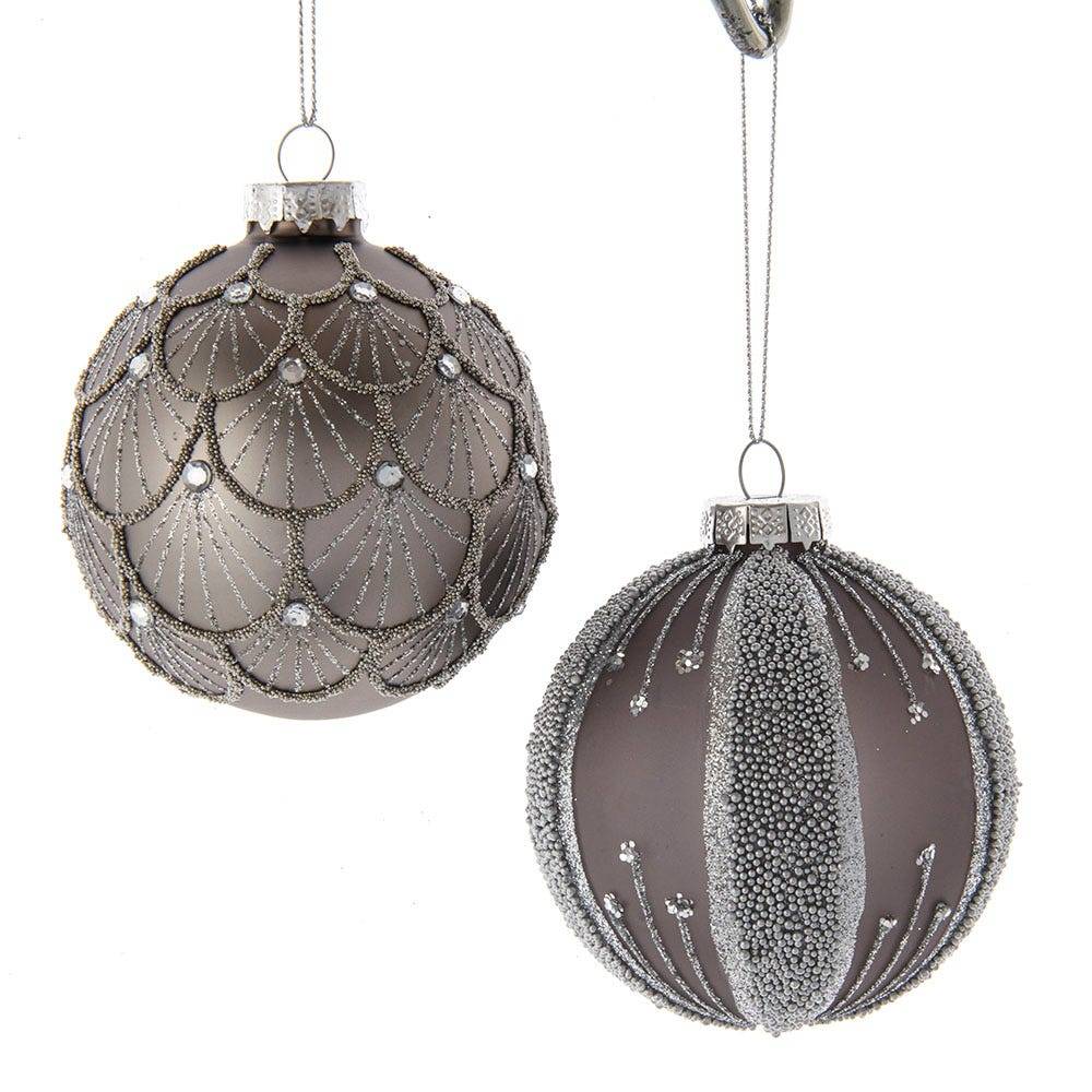 Kurt Adler 80MM Silver and Black Jeweled Glass Ball Ornaments, 6 Piece Set