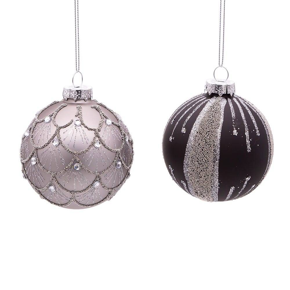 Kurt Adler 80MM Silver and Black Jeweled Glass Ball Ornaments, 6 Piece Set