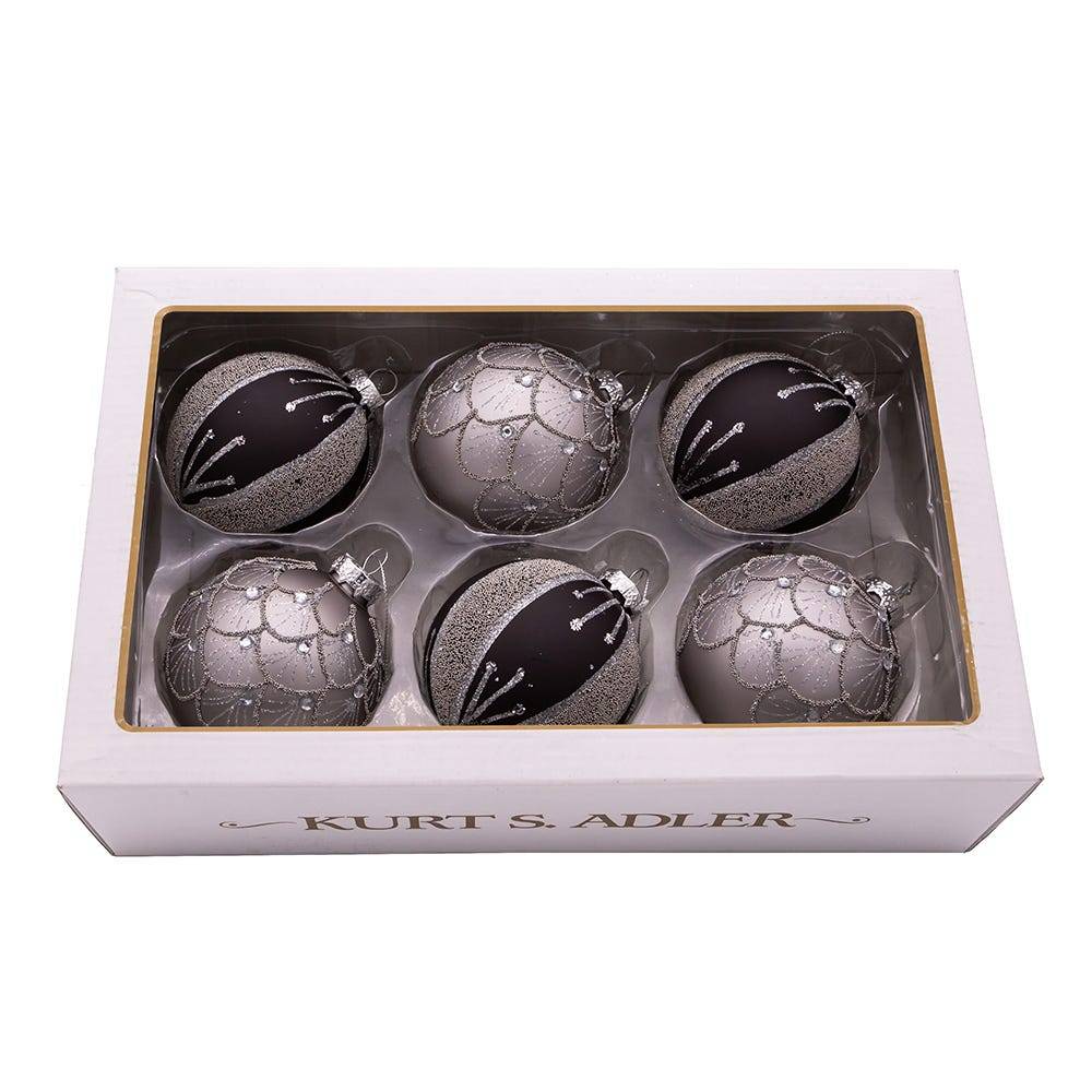 Kurt Adler 80MM Silver and Black Jeweled Glass Ball Ornaments, 6 Piece Set