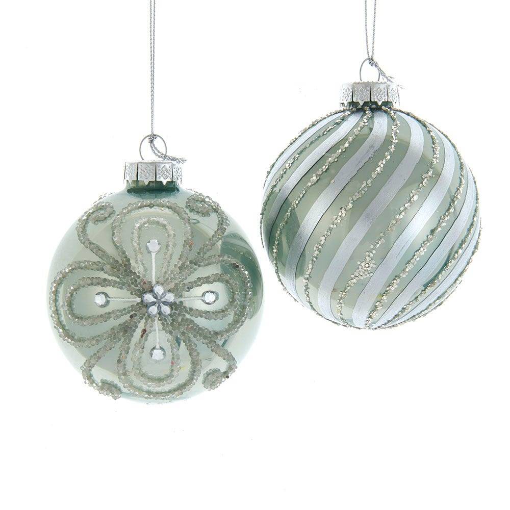 Kurt Adler 80MM Silver and Pale Aqua Embellished Ball Ornaments, 6 Piece Set