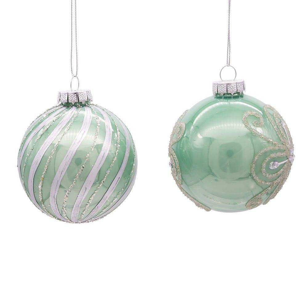 Kurt Adler 80MM Silver and Pale Aqua Embellished Ball Ornaments, 6 Piece Set