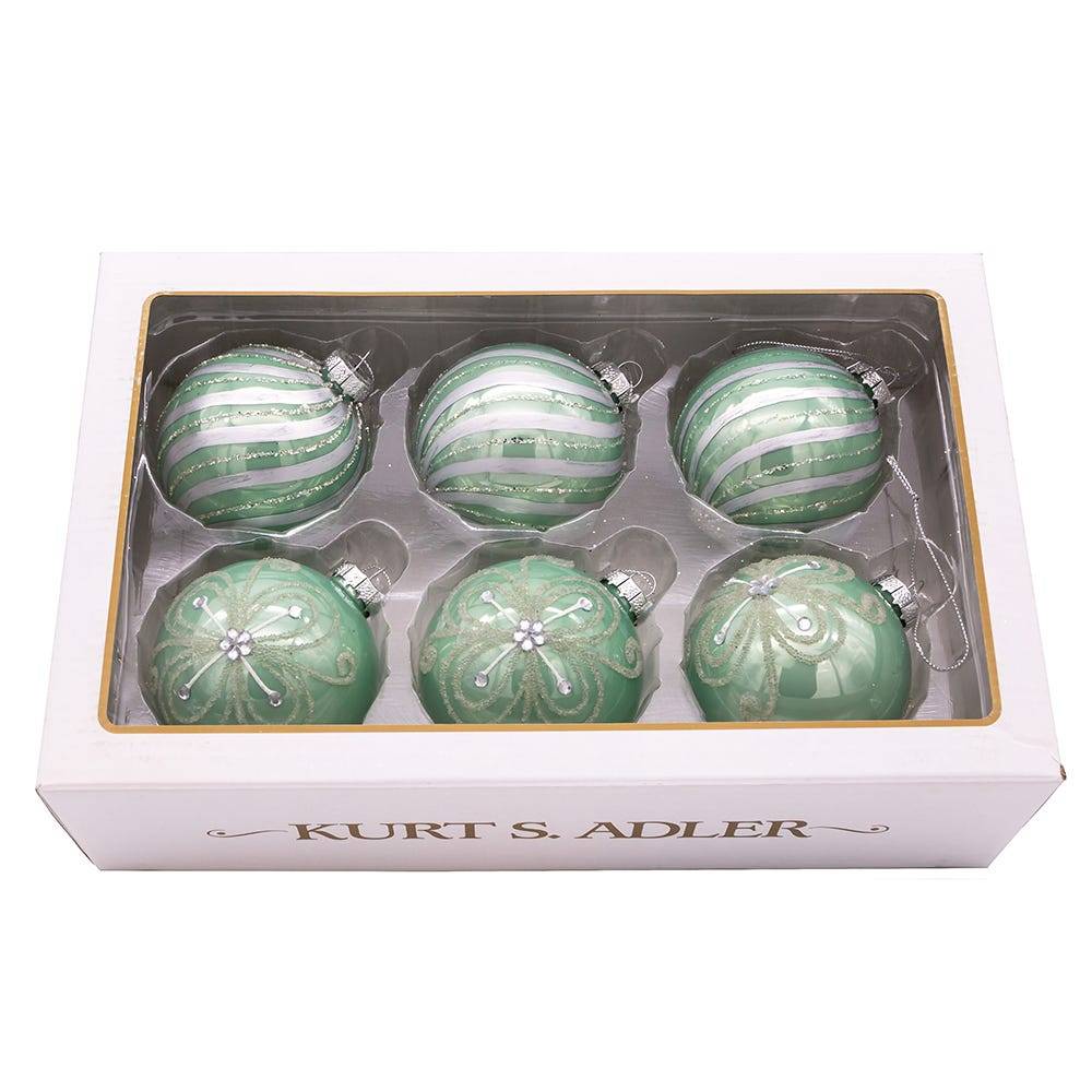 Kurt Adler 80MM Silver and Pale Aqua Embellished Ball Ornaments, 6 Piece Set