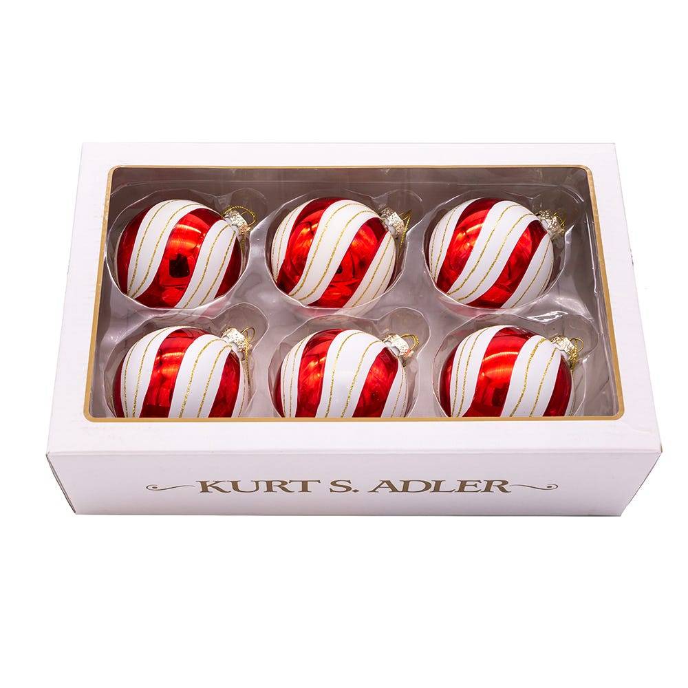 Kurt Adler 80MM Gold, Red and White Glass Ball Ornaments, 6 Piece Set