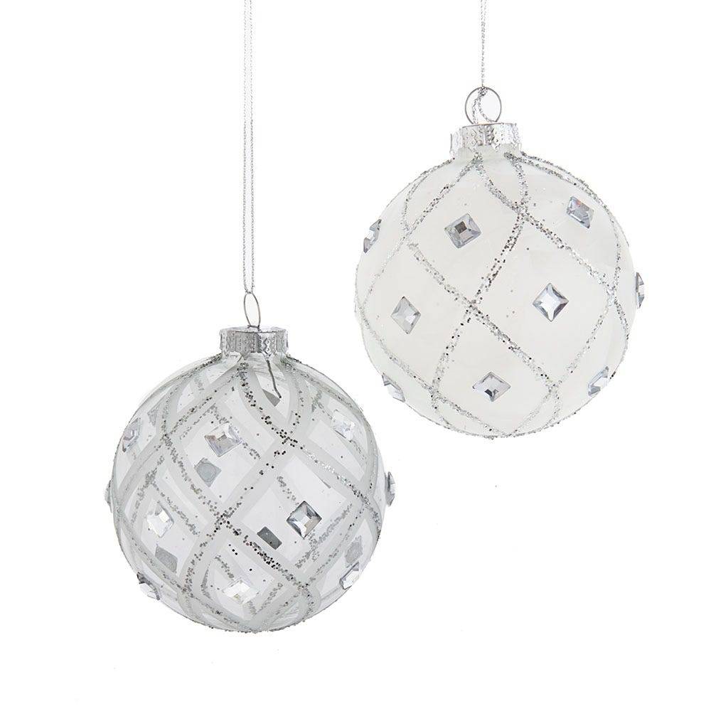 Kurt Adler 80MM Jeweled Clear Feather White Ball Ornaments, 6 Piece Set