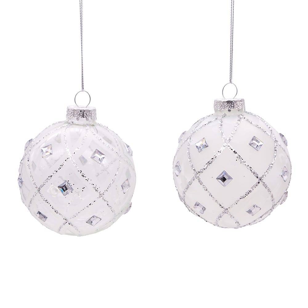 Kurt Adler 80MM Jeweled Clear Feather White Ball Ornaments, 6 Piece Set