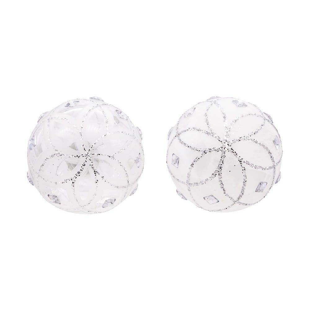 Kurt Adler 80MM Jeweled Clear Feather White Ball Ornaments, 6 Piece Set