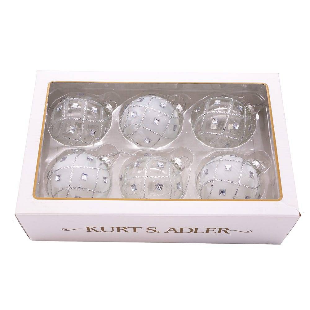 Kurt Adler 80MM Jeweled Clear Feather White Ball Ornaments, 6 Piece Set