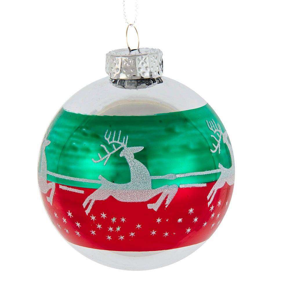 Kurt Adler 80MM Red and Green Reindeer Glass Ball Ornaments, 6 Piece Set