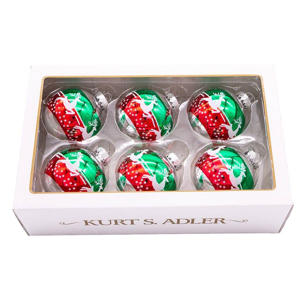 Kurt Adler 80MM Red and Green Reindeer Glass Ball Ornaments, 6 Piece Set