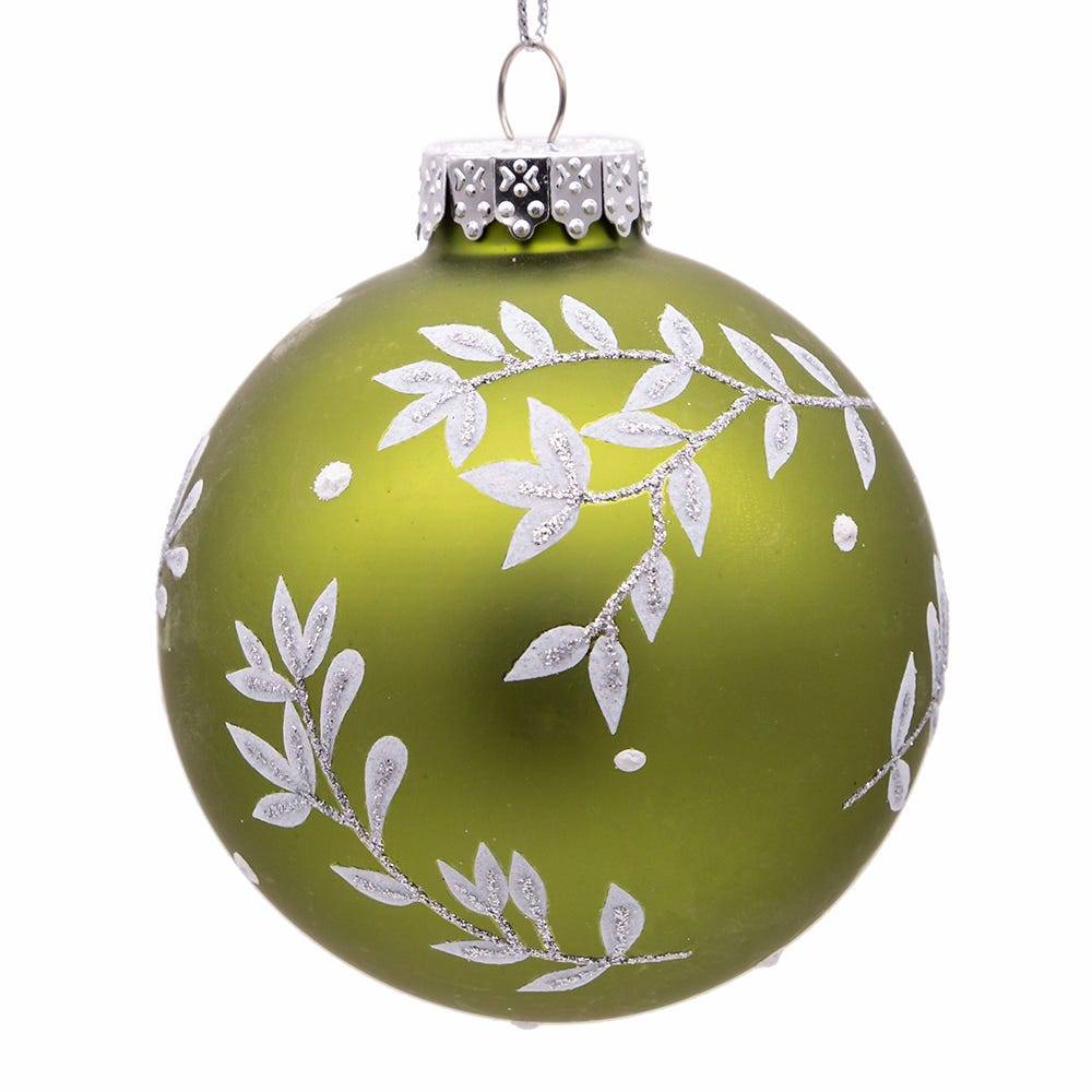 Kurt Adler 80MM Green Leaf Design Ball Ornaments, 6 Piece Set