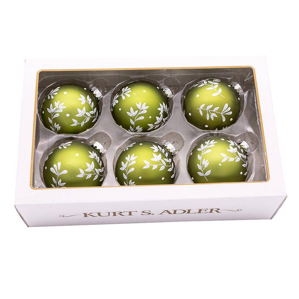 Kurt Adler 80MM Green Leaf Design Ball Ornaments, 6 Piece Set