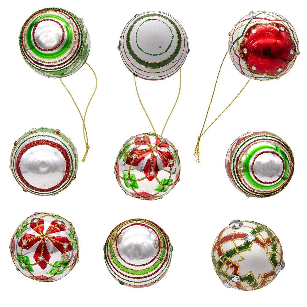 Kurt Adler 45MM Glass Red and Green Decorated Eggs, 9 Piece Set