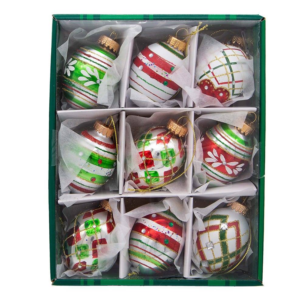 Kurt Adler 45MM Glass Red and Green Decorated Eggs, 9 Piece Set