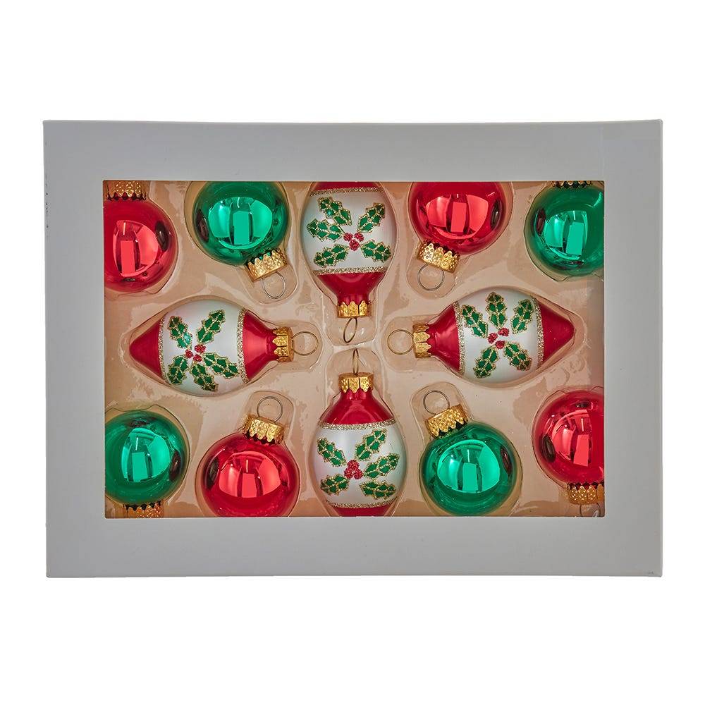 Kurt Adler 35MM Glass Green and Red Ball and Finial 12-Piece Ornament Set