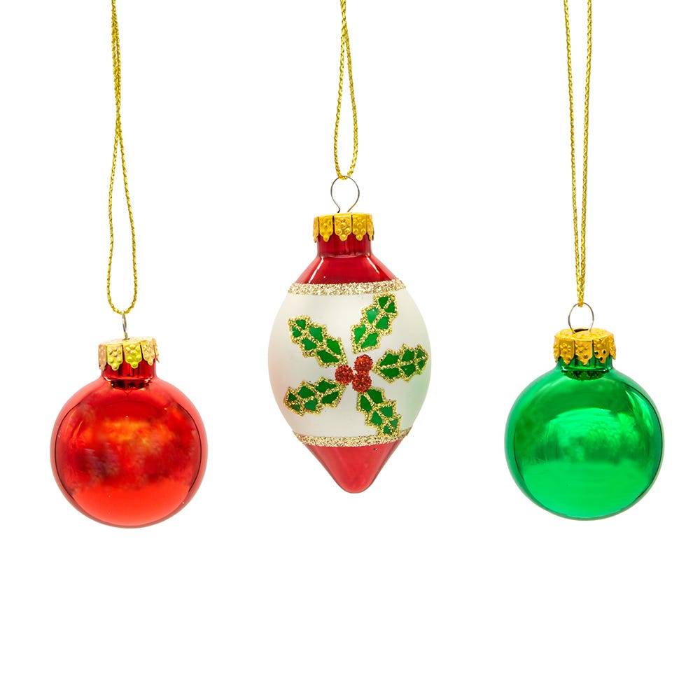 Kurt Adler 35MM Glass Green and Red Ball and Finial 12-Piece Ornament Set