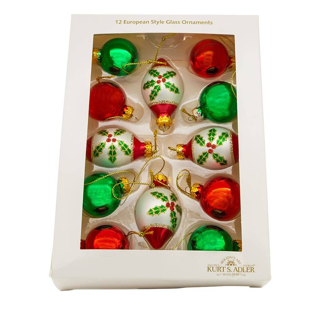 Kurt Adler 35MM Glass Green and Red Ball and Finial 12-Piece Ornament Set