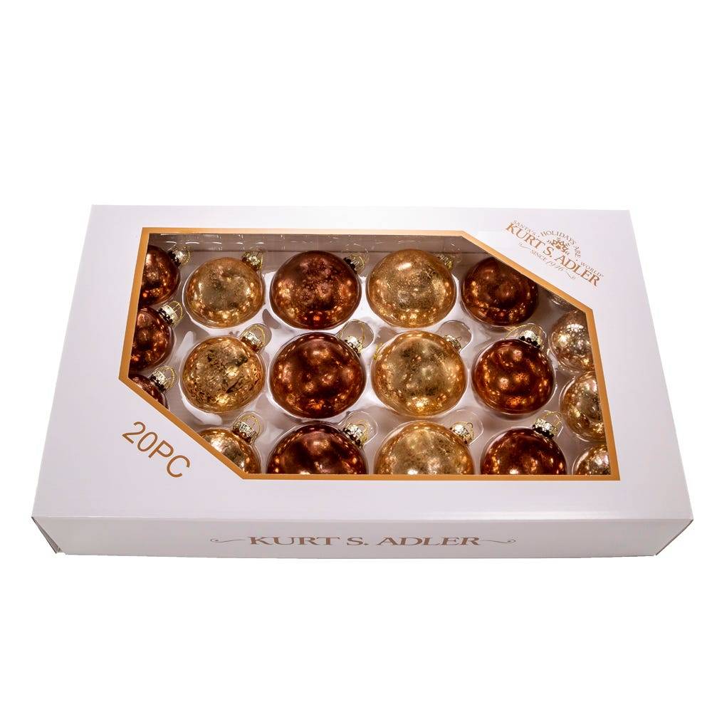 Kurt Adler 60-80 MM Shiny and Matte Gold and Bronze Mercury Glass Balls, 20-Piece Set