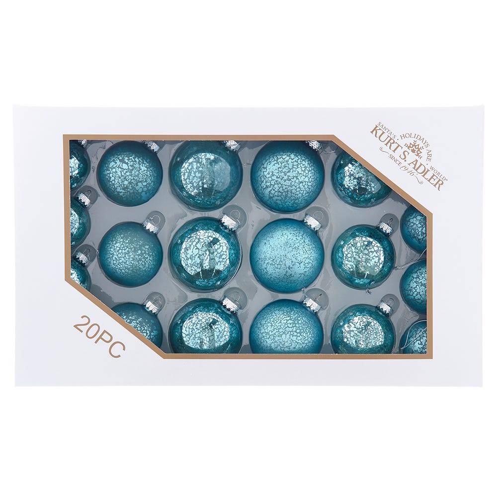 Kurt Adler 60-80MM Glass Shiny & Matte Teal Mercury Ball Ornaments, 20-Piece Set