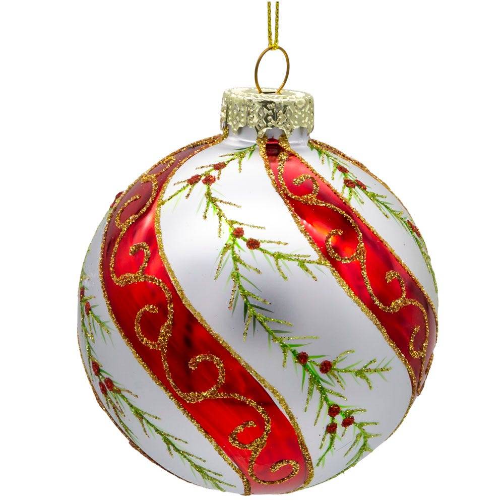 Kurt Adler 80MM Glass Red and White Holly Leaves 6-Piece Ball Ornament Set