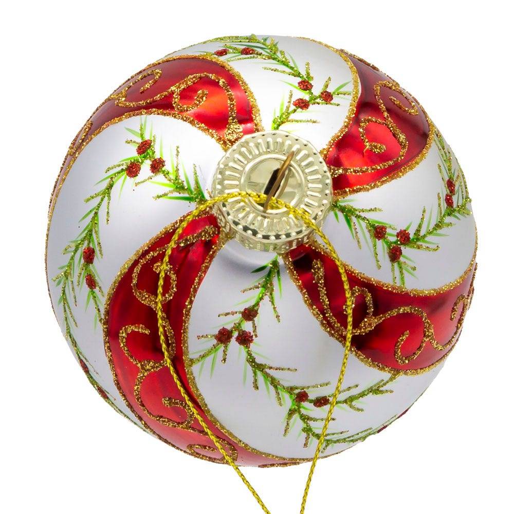 Kurt Adler 80MM Glass Red and White Holly Leaves 6-Piece Ball Ornament Set