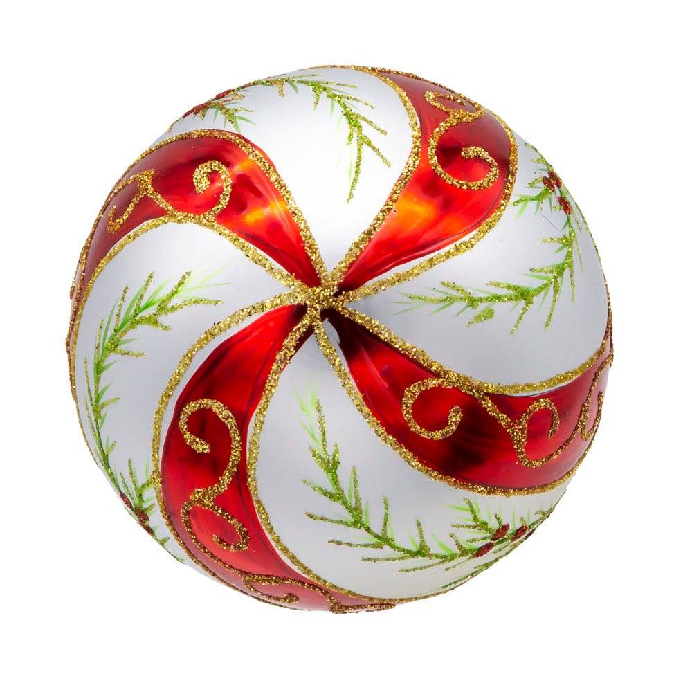 Kurt Adler 80MM Glass Red and White Holly Leaves 6-Piece Ball Ornament Set