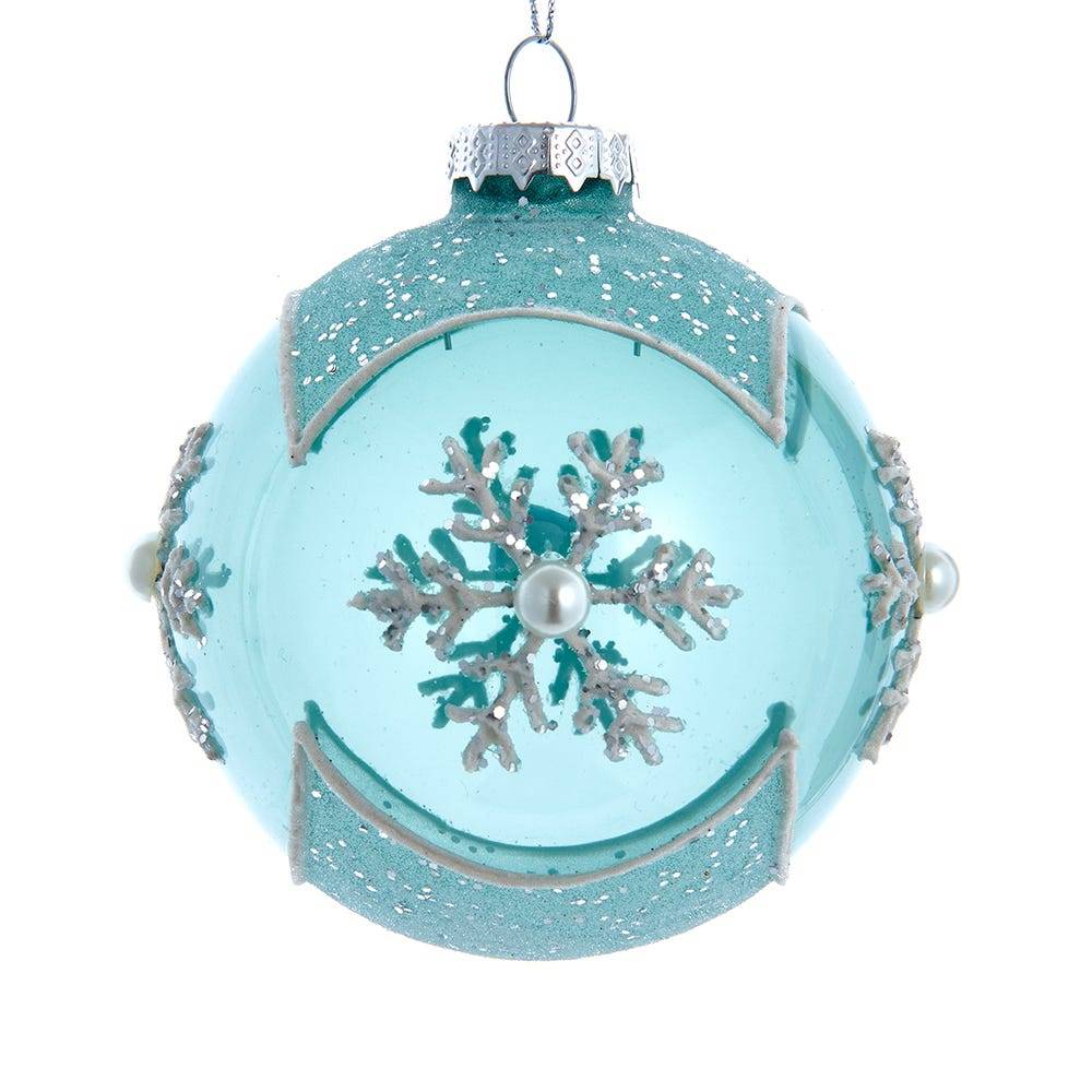 Kurt Adler 80MM Glass Teal Snowflake 6-Piece Ball Ornament Set