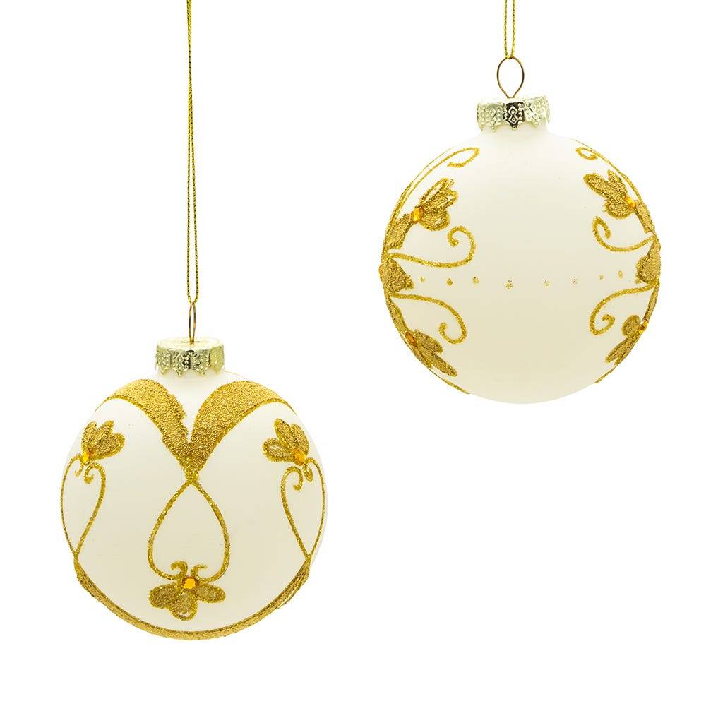 Kurt Adler 80 MM White Balls with Gold Beads, 6-Piece Set