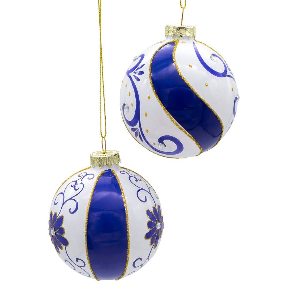 Kurt Adler 80 MM Blue and White Glass Balls, 6-Piece Set