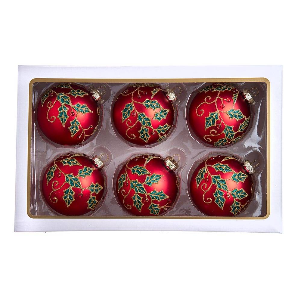 Kurt Adler 80MM Glass Red Berry and Holly Leaves 6-Piece Ball Ornament Set