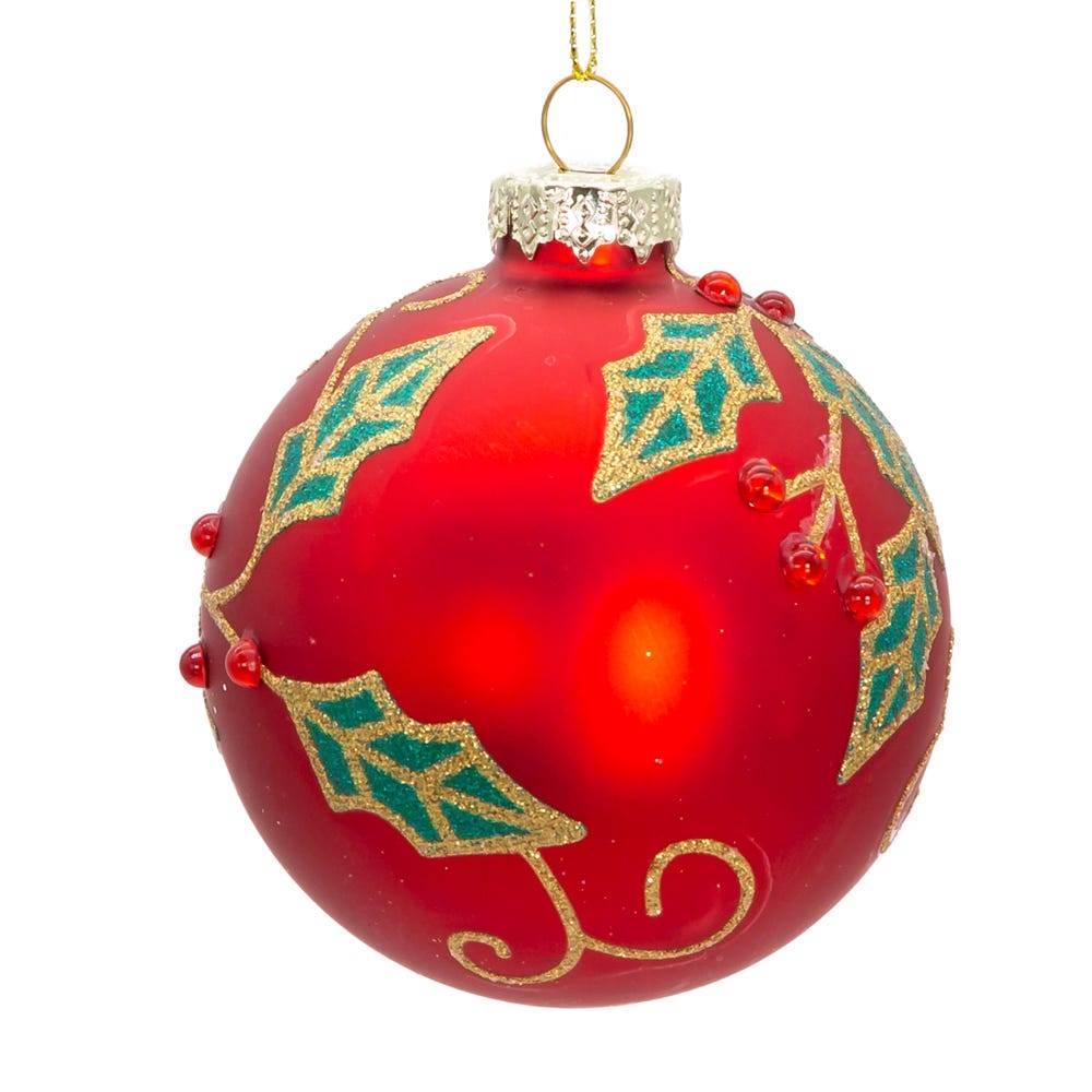 Kurt Adler 80MM Glass Red Berry and Holly Leaves 6-Piece Ball Ornament Set