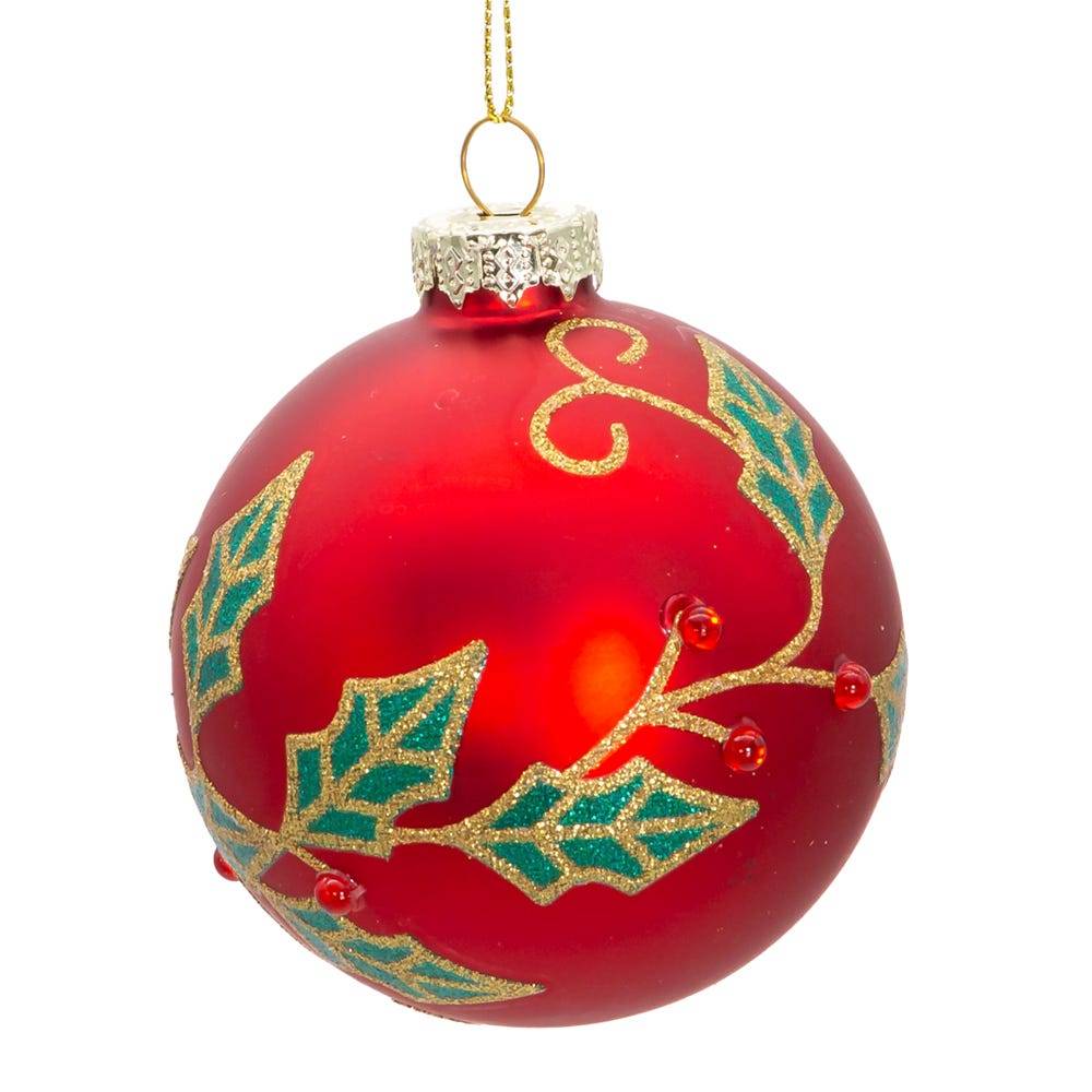 Kurt Adler 80MM Glass Red Berry and Holly Leaves 6-Piece Ball Ornament Set