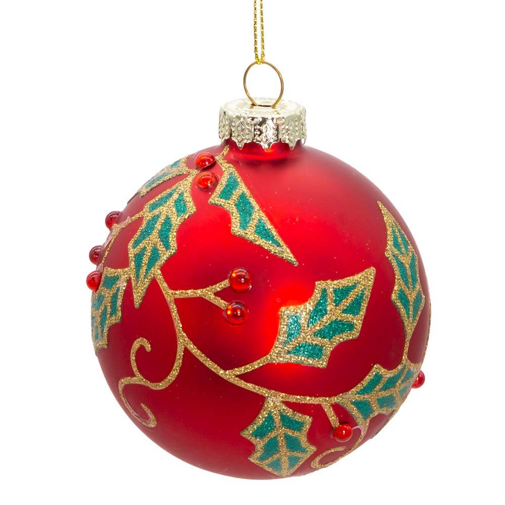 Kurt Adler 80MM Glass Red Berry and Holly Leaves 6-Piece Ball Ornament Set