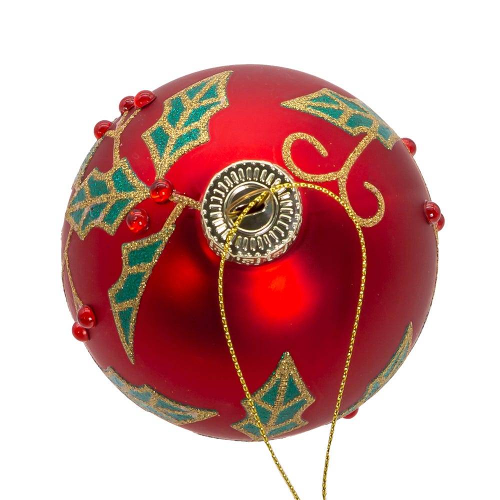 Kurt Adler 80MM Glass Red Berry and Holly Leaves 6-Piece Ball Ornament Set