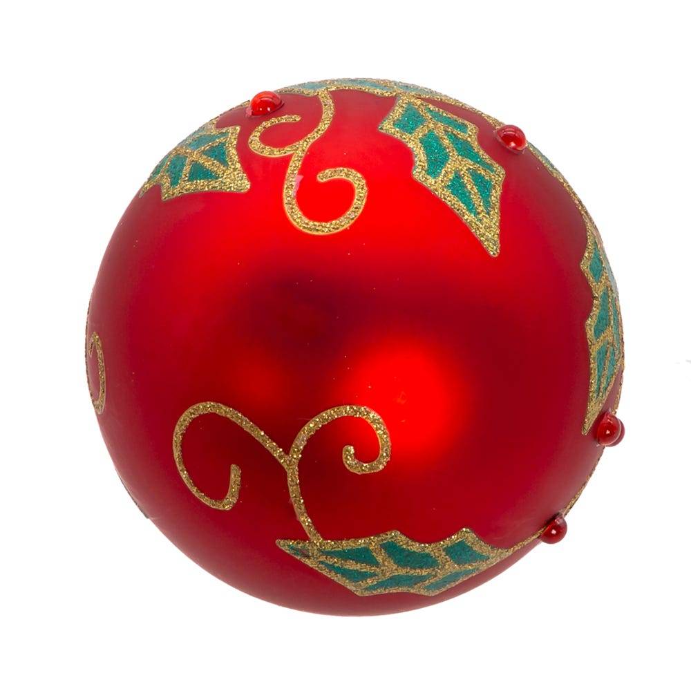 Kurt Adler 80MM Glass Red Berry and Holly Leaves 6-Piece Ball Ornament Set