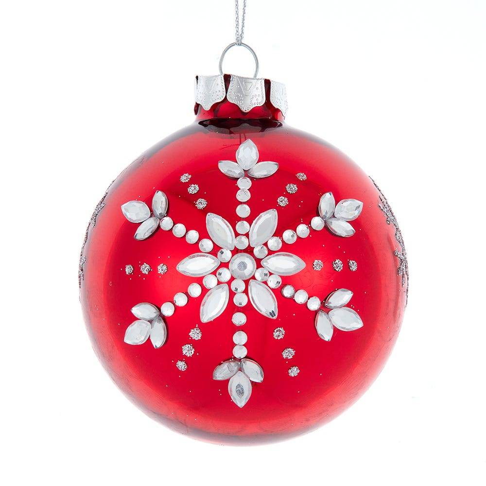 Kurt Adler 80MM Glass Shiny Red With Silver Snowflake Ball 6-Piece Ornament Set