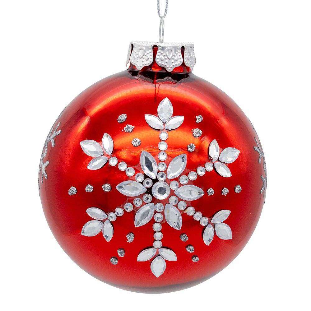 Kurt Adler 80MM Glass Shiny Red With Silver Snowflake Ball 6-Piece Ornament Set