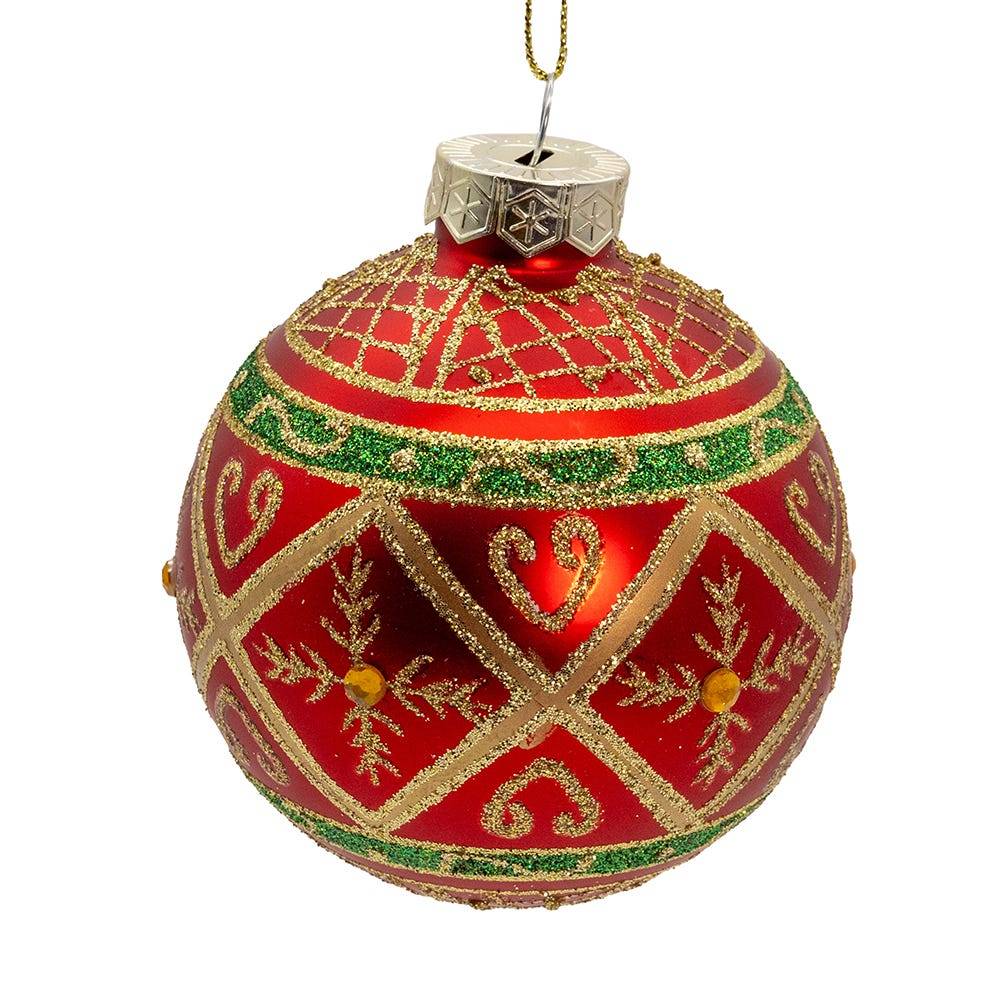 Kurt Adler 80MM Glass Red With Green and Gold Design Ball 6-Piece Ornament Set