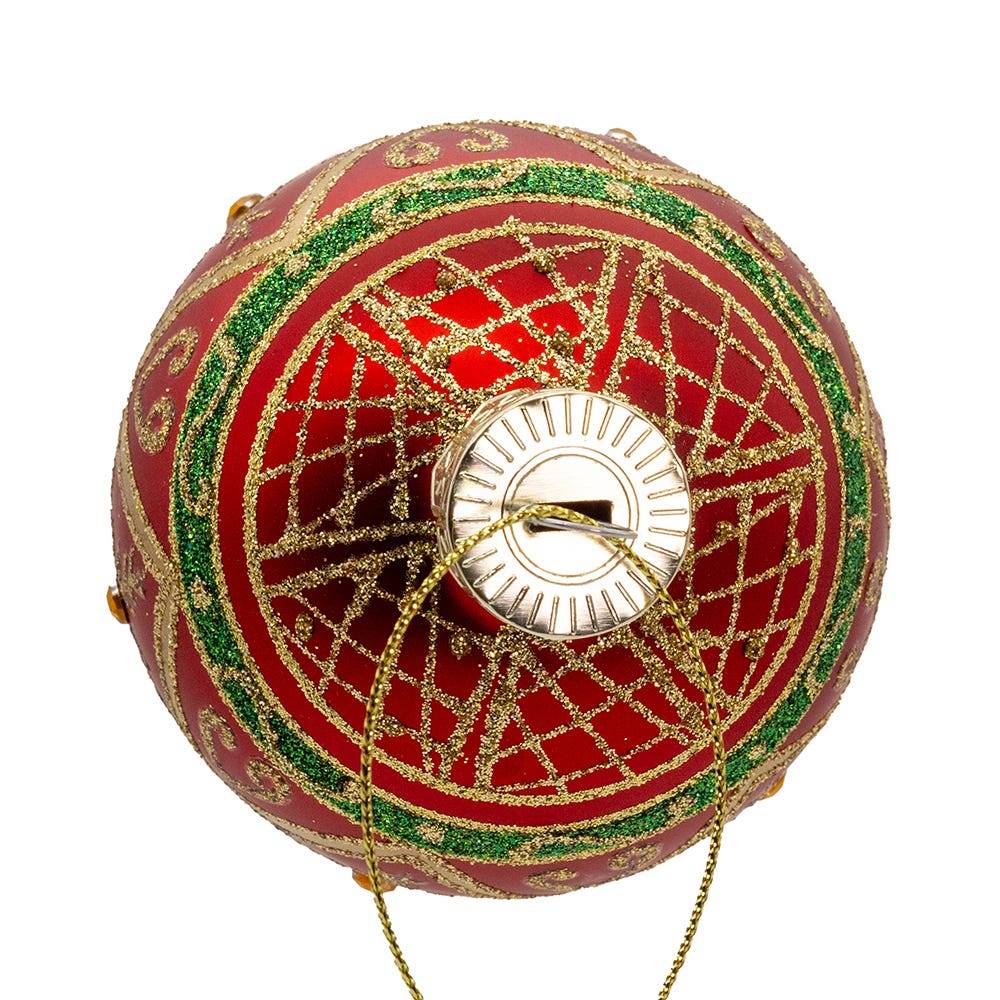 Kurt Adler 80MM Glass Red With Green and Gold Design Ball 6-Piece Ornament Set