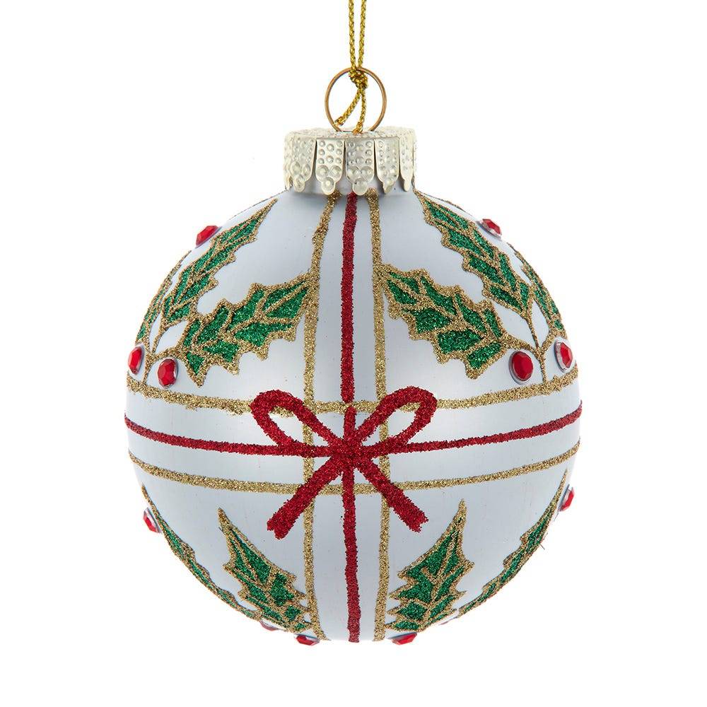 Kurt Adler 80MM Glass Holly and Bow Ball 6-Piece Ornament Set