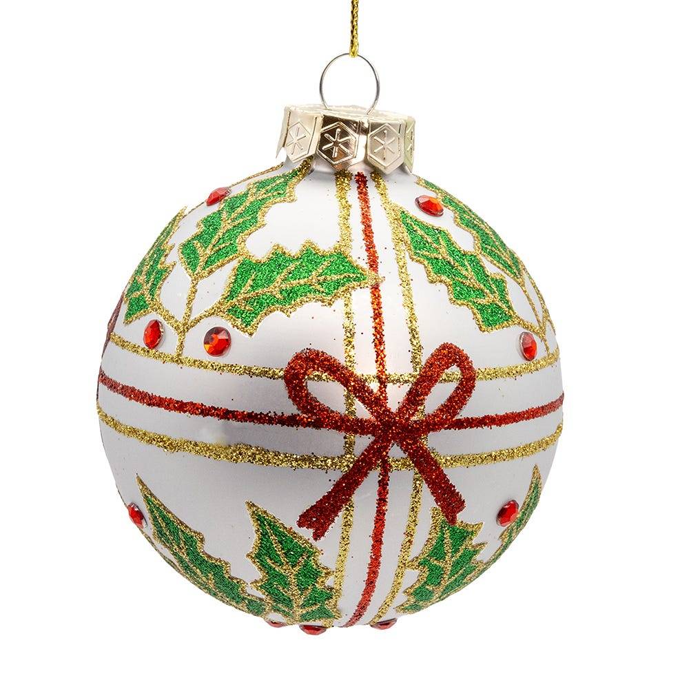 Kurt Adler 80MM Glass Holly and Bow Ball 6-Piece Ornament Set