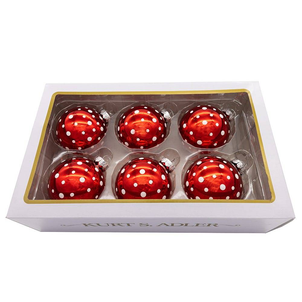 Kurt Adler 80MM Glass Red Polka Dot Ball 6-Piece Ornament Set