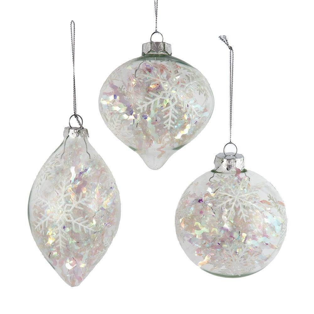 Kurt Adler 90MM Glass Iridescent Snowflake Ball, Finial, and Onion 3-Piece Ornament Set