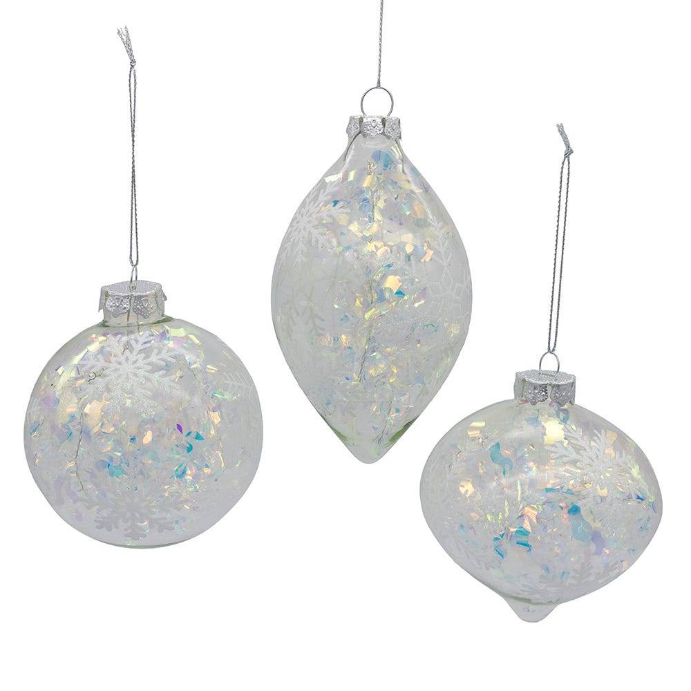 Kurt Adler 90MM Glass Iridescent Snowflake Ball, Finial, and Onion 3-Piece Ornament Set