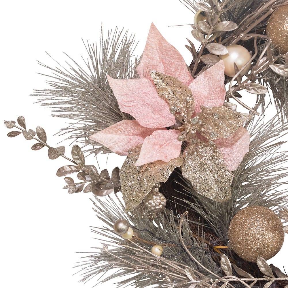 Kurt Adler 20-Inch Champagne and Gold Wreath with Pink Poinsettias and Ornaments