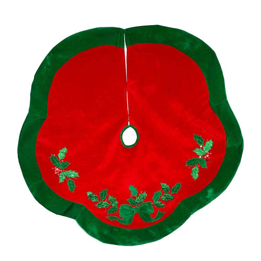 Kurt Adler 48-Inch Velvet Red with Green Leaves Applique Tree skirt