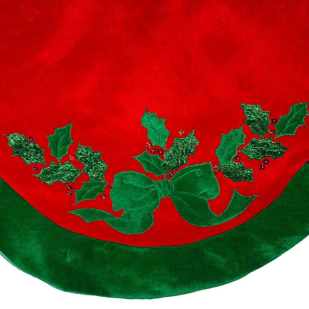 Kurt Adler 48-Inch Velvet Red with Green Leaves Applique Tree skirt