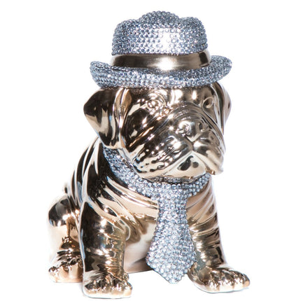 Bronze Bulldog with Rhinestone Hat & Tie - 10" Tall