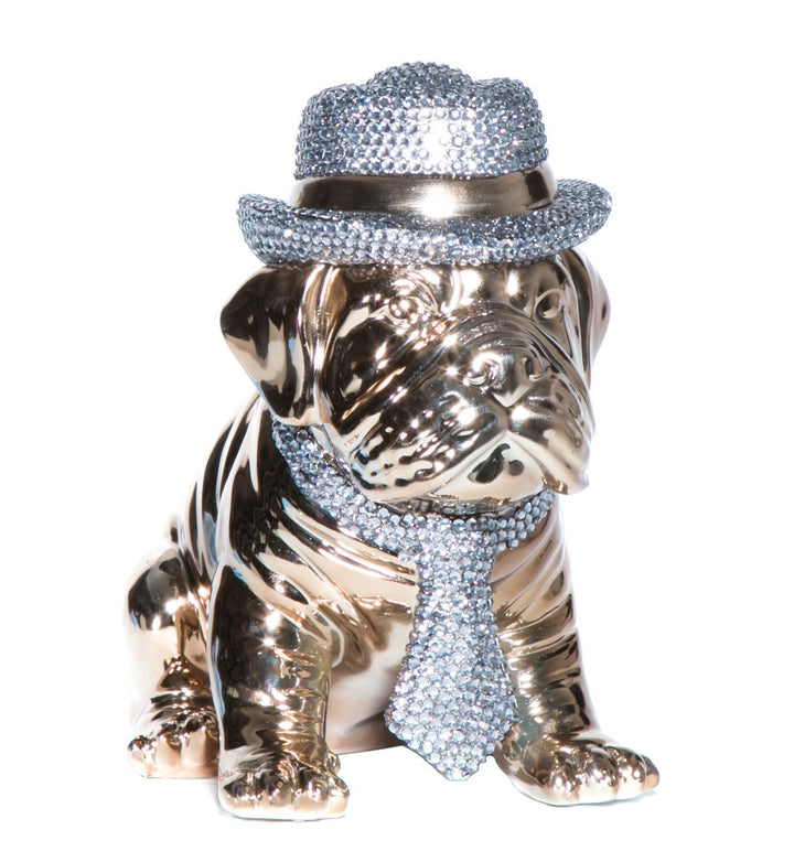 Bronze Bulldog with Rhinestone Hat & Tie - 10" Tall